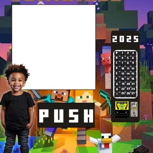 May include: A Minecraft-themed birthday invitation featuring a photo frame, a calendar for 2025, and the text "DOMINIQUE" and "PUSH".