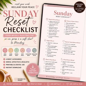 May include: A digital and printable Sunday Reset Checklist in pink and white. The checklist includes categories for mind, home, digital, body, plan, and wind-down rituals. The text includes "reset your week, reclaim your peace."