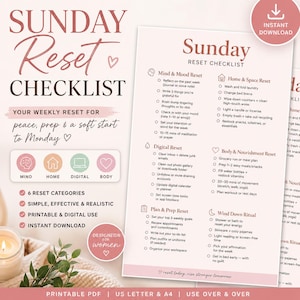 May include: A pink and white Sunday Reset Checklist, designed for weekly use. It features categories for mind, home, digital, and body. The checklist is printable and available for instant download, with A4 paper size.