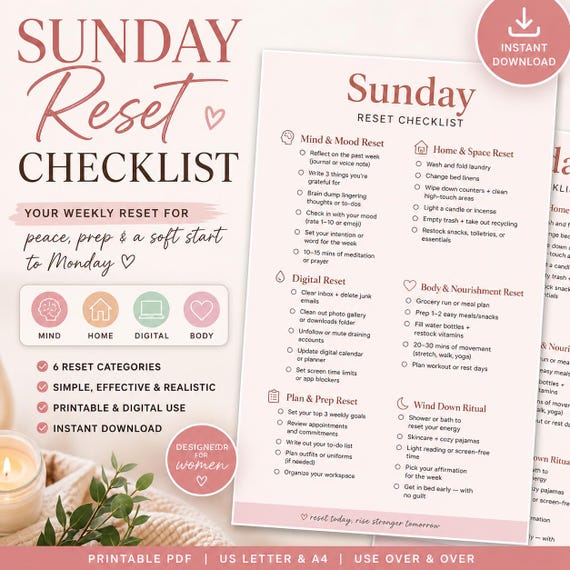 Sunday Reset Checklist | Soft Life Planner, Self Care Routine (Digital Download)