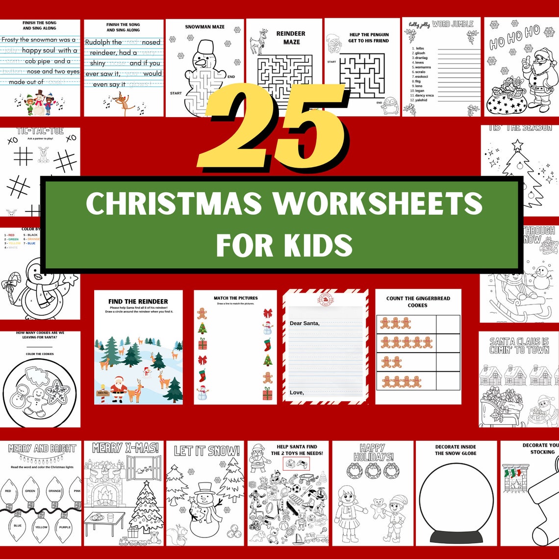 25 Christmas Worksheets for Kids: Coloring Pages, Activities Instant ...