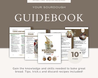 Puede incluir: Descarga digital de una guía de masa madre. La portada dice "Your Sourdough Guidebook" con el texto "Digital Download" en la parte superior. La guía incluye consejos, trucos y recetas de descarte. La imagen muestra varias páginas y el texto "10+ páginas".
