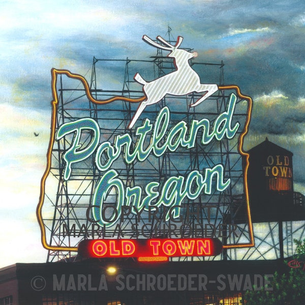 Fine art print giclee of original artwork of the Portland Oregon Old Town Neon Marquee