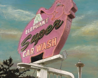 Fine art print giclee of original artwork of the Pink Elephant Car Wash Neon Marquee Seattle Washington