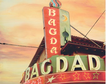 Fine art print giclee of original artwork of the Bagdad Neon Marquee for home decor, wall art, wall decor