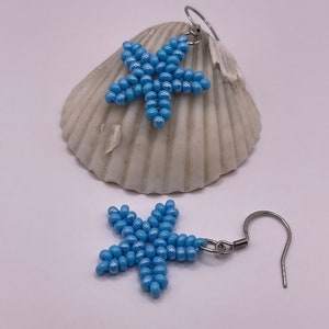 Beadwork Earrings, Little Mermaid Earrings, Shooting Star Earrings, Under the Sea, Blue Beaded Starfish Earrings, Custom Made, Handwoven
