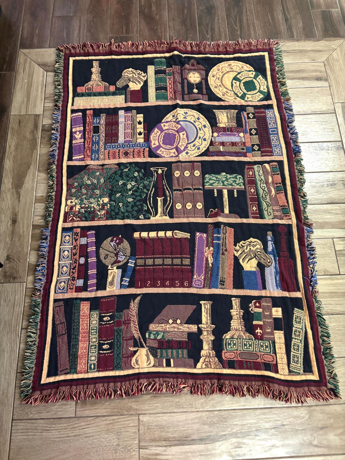Vintage Goodwin Weavers Library Bookshelf Woven Tapestry Throw