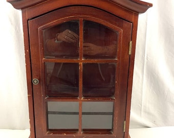 VTG 3 Tier Wood Wall Display Curio Cabinet Knick Knack Glass Shelf Door 20"