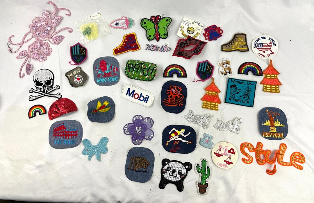 40 PC Assorted Sewing Applique Patches Iron on Sew on NEW Mixed Sequin ...