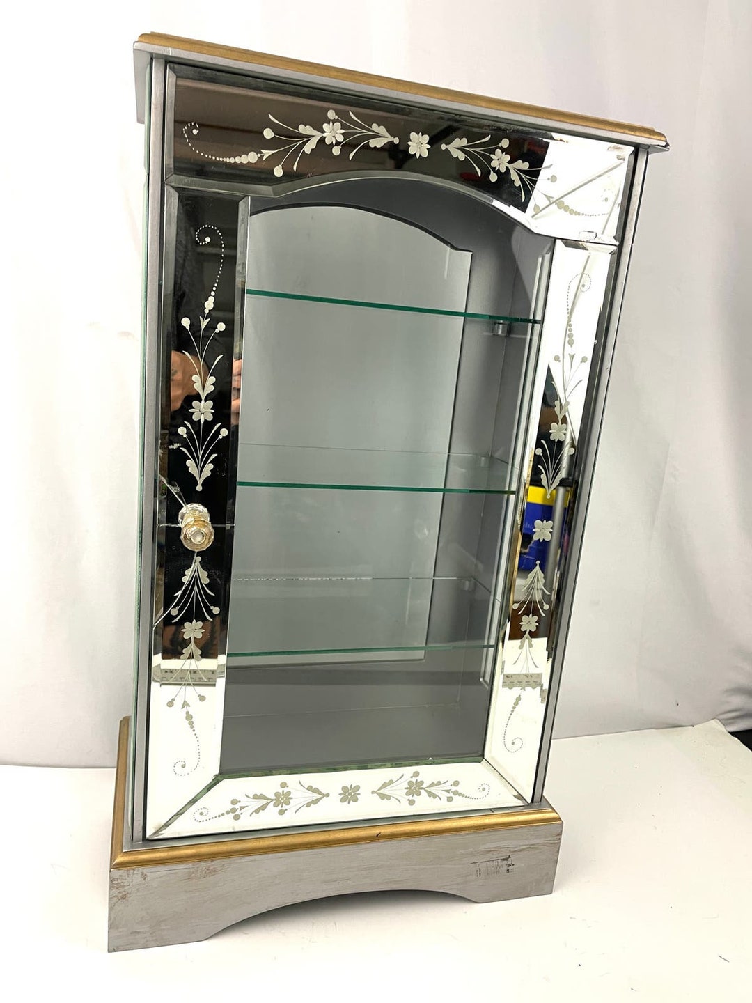 VTG 3 Tier Glass Mirror Curio Shelf 22 Tall Floral Design