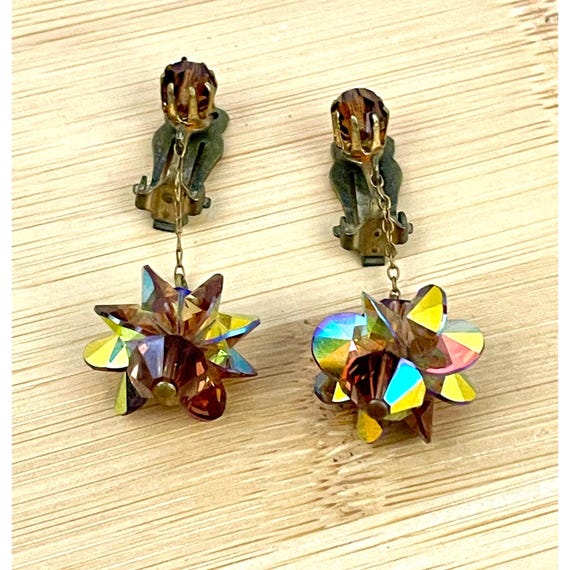 VTG Crystal Dangle Iridescent Clip on Earrings Bronze