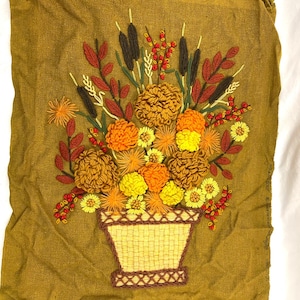 VTG Crewel Flowers Needlecraft Embroidered Wall Art 20&quot;x27&quot; 70s Paragon Unframed