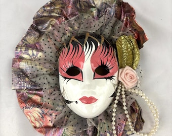 Vintage 1980s Mardi Gras Wall Mask 8" Pink Style Wall Hanging Decor Fabric