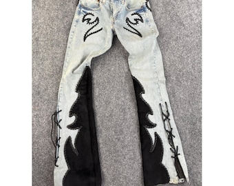 Michelle Julene Couture Upcycled Denim Jeans Leather Applique Western 26