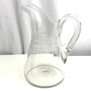Hand Blown Crystal Etched Glass Pattern 9.5&quot; Pitcher Open Lip Applied Handle MCM