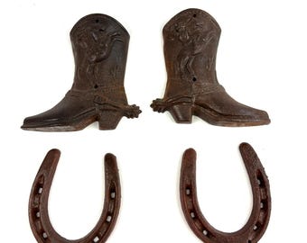 VTG Lot of 4 Rustic Cast Iron Cowboy Boot and Horseshoe Western Wall Decor