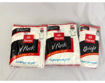Confezione da 6 magliette vintage Hanes XL con scollo a V + slip 38 bianche NOS sigillate 100% cotone