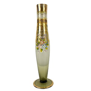 Antique Hand Painted Floral with Gold Trim Glass Bud Vase 8&quot;
