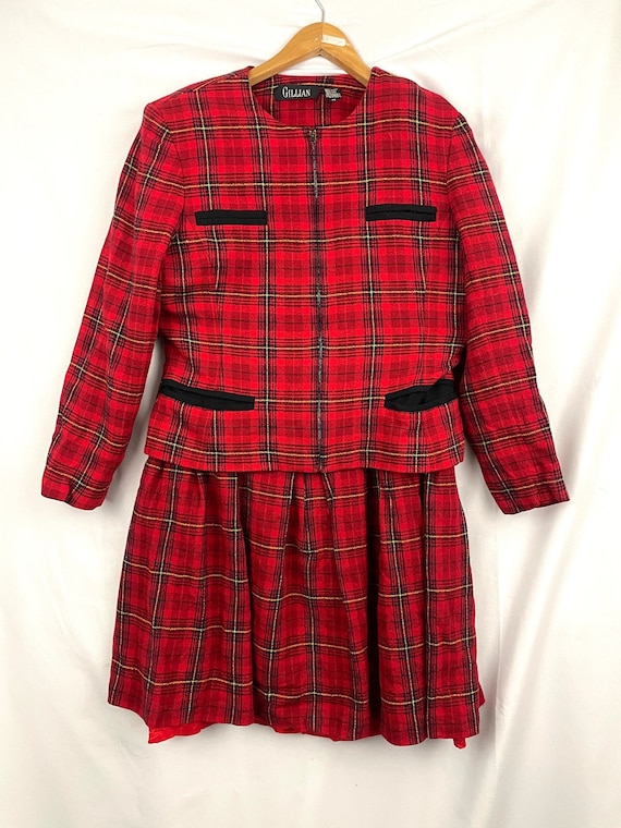 VTG Gillian Red Plaid Wool 2PC Skirt & Jacket Sz 1