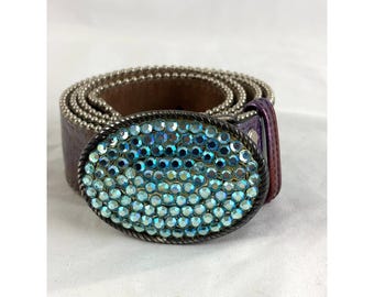 ヴィンテージ ラインストーン ベルト スペイン製 幅広レザー オーロラ ボレアリス バックル Y2K
