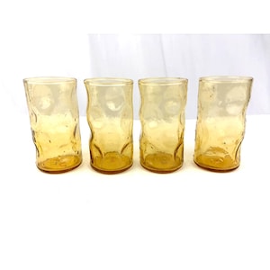 VTG Honey Amber Dimpled Glasbecher Pinched Yellow MCM 4er Set