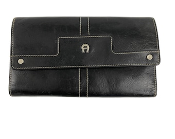 VTG Etienne Aigner Black Folding Wallet Genuine Leather Check Holder