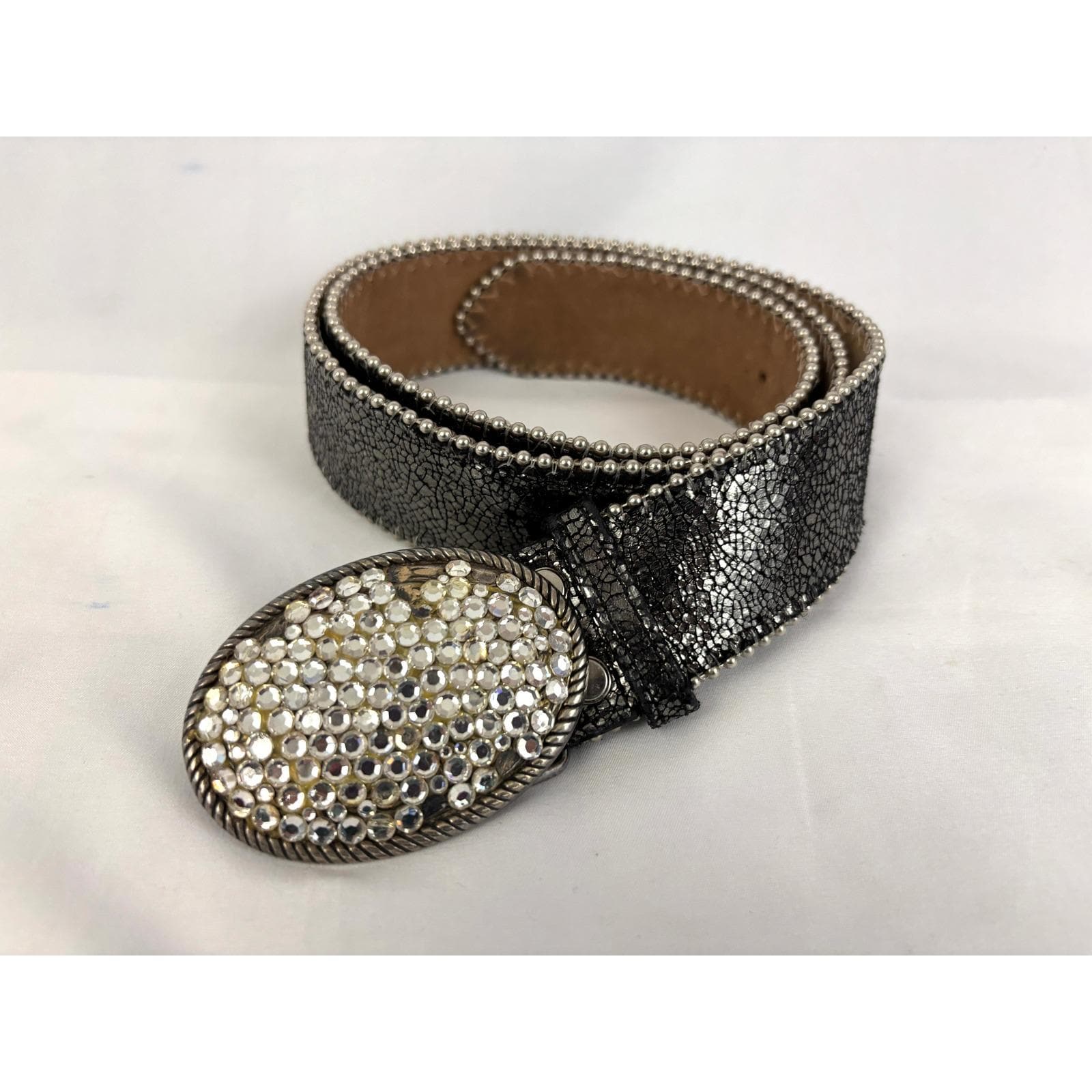Vintage Simon Black Leather Belt with Silver Rings and Rhinestone Accent B.B. Simon Belts for Women | Shop Luxury and Fashion  main image 3