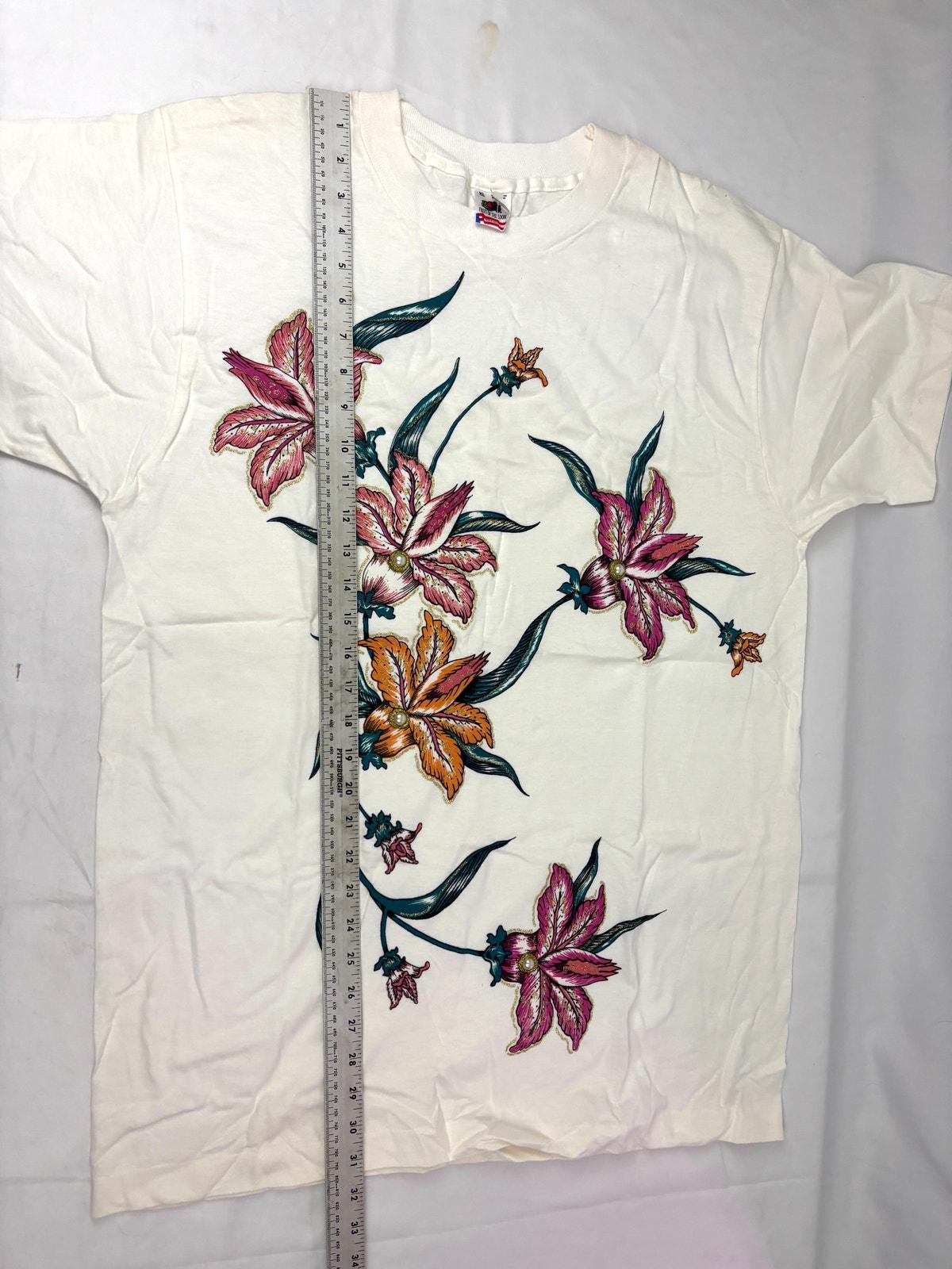 VTG 90s Hand Painted Floral T-shirt White Single Stitch Art Tee 