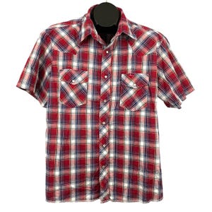 VTG Rustler Pearl Snap Westernhemd Herren XL Rot Blau X Long Tails Cowboy