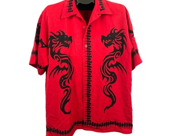 VTG Dragonfly Roadhouse Dragon Bones Button Down Shirt LARGE Single Stitch Red