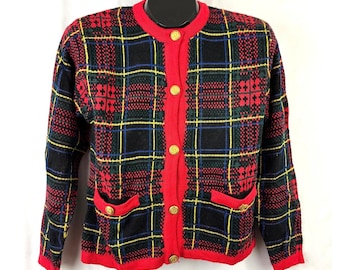 Vintage 90s Westbound Petites Plaid Cardigan Sweater Knit Christmas Tartan Small