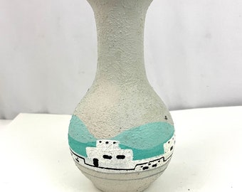 VTG Southwest Art Hand Painted Pottery Vase House Hut Turquoise 7" Tall Tesa