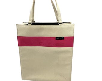 VTG Kate Spade Tote Bag Beige Pink Canvas Handbag Solid Stripe