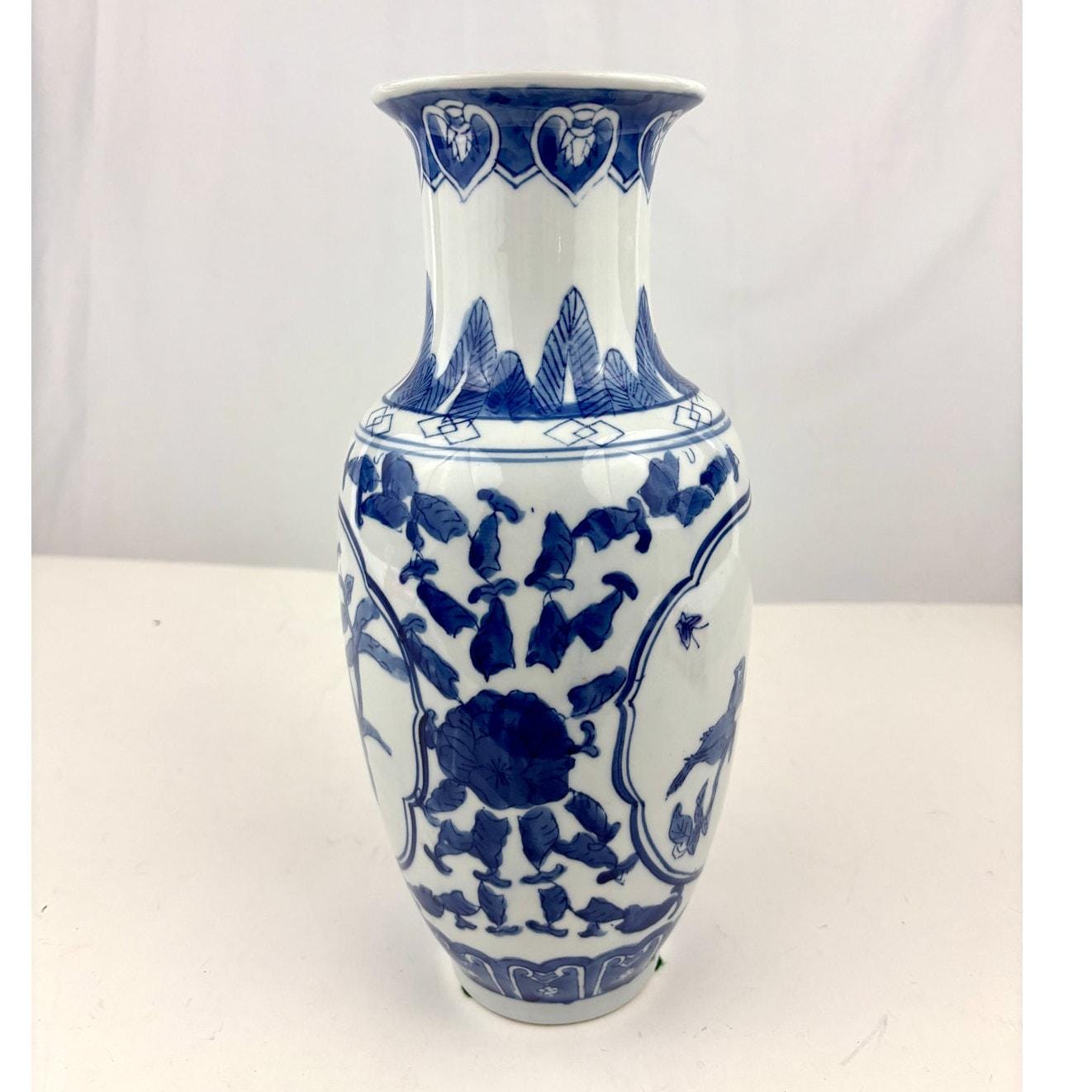 中国陶磁器　清　陶器の花瓶 鳥と花のデザイン 青白磁の花と鳥のデザインが施された中国製の花瓶 11.75インチ - Etsy 日本