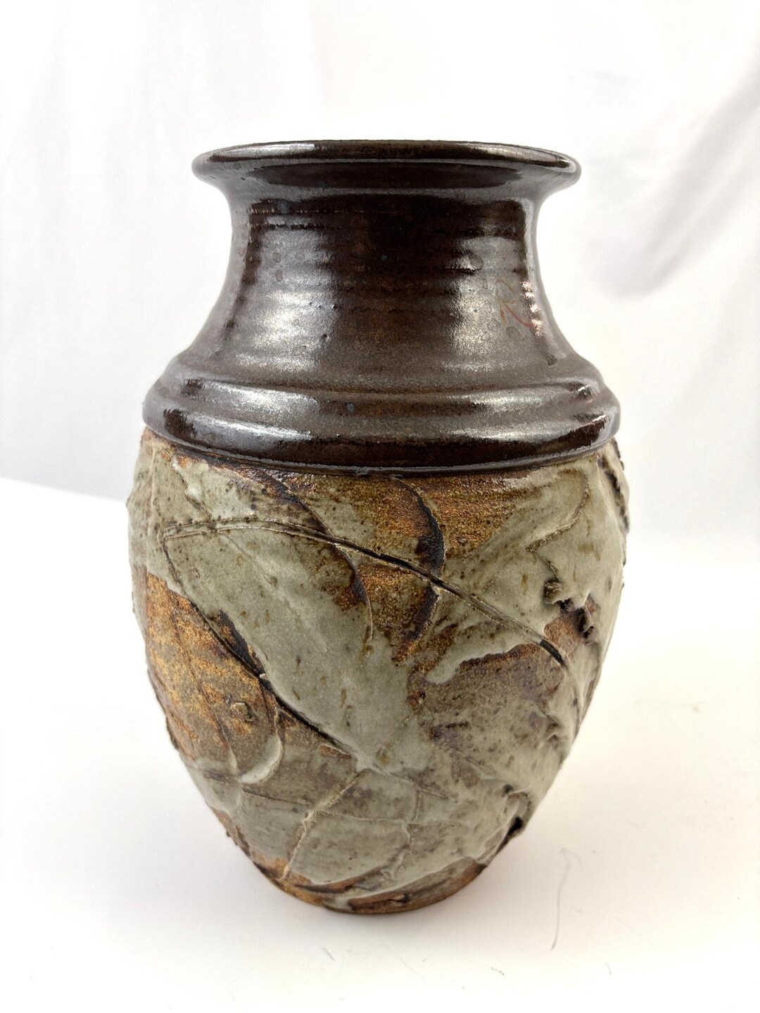 Vintage Studio Art Pottery Vase Impressed Leaf Design Rustic Stoneware ...