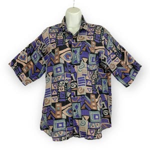 VTG Chiamare Funky Print Blouse LARGE Women&#39;s 100% Silk Collared 1990s Retro