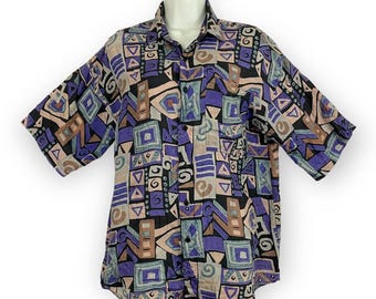 VTG Chiamare Funky Print Blouse LARGE Women's 100% Silk Collared 1990s Retro