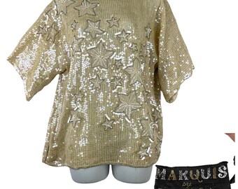 Top beige con lentejuelas y estrellas VTG, talla pequeña, 100 % seda, forro de cuentas, para mujer MARQUIS