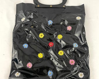 VTG Black Vinyl Daisy 3D Tote Bag Purse 14&quot;x15&quot; Retro Textured Round Handles