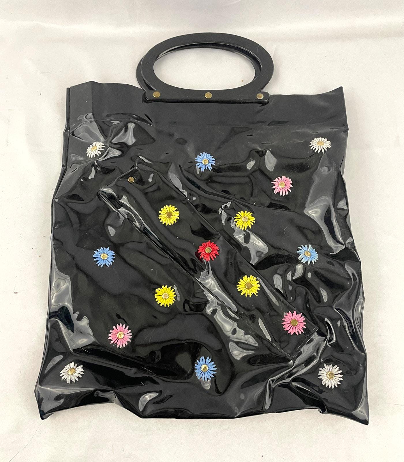 VTG Black Vinyl Daisy 3D Tote Bag Purse 14