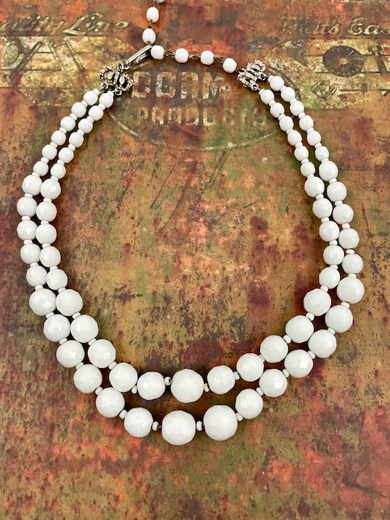 VTG Hobe White Glass Bead Necklace Layered Signed 