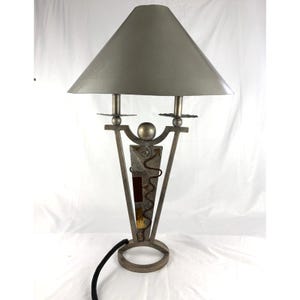 Vintage Leeazanne Metal Table Lamp Brutalist Abstract Geometric Metal Lamp Shade