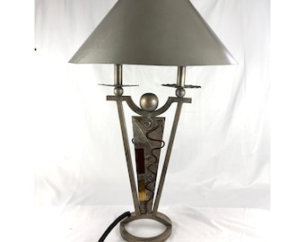 Vintage Leeazanne Metal Table Lamp, Brutalist Geometric Shade