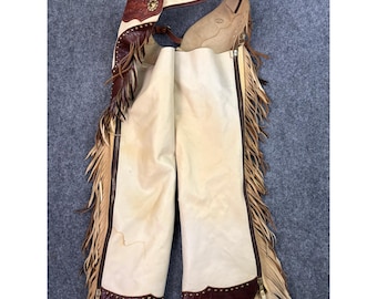 Leather Legends Montana Leather Chaps Fringe Tooled Concho Western Rodeo