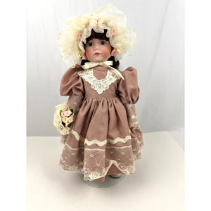 VTG Heirloom Treasure Happyland Porcelain Doll with Stand Brown Hair 16&quot;