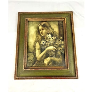 VTG Oil Painting Girl with Flowers Artist Signed Nice Wood Framed Wall Art