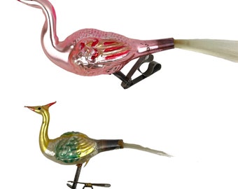 Antique German Blown Glass Clip on Birds with Tails Christmas Ornaments VTG