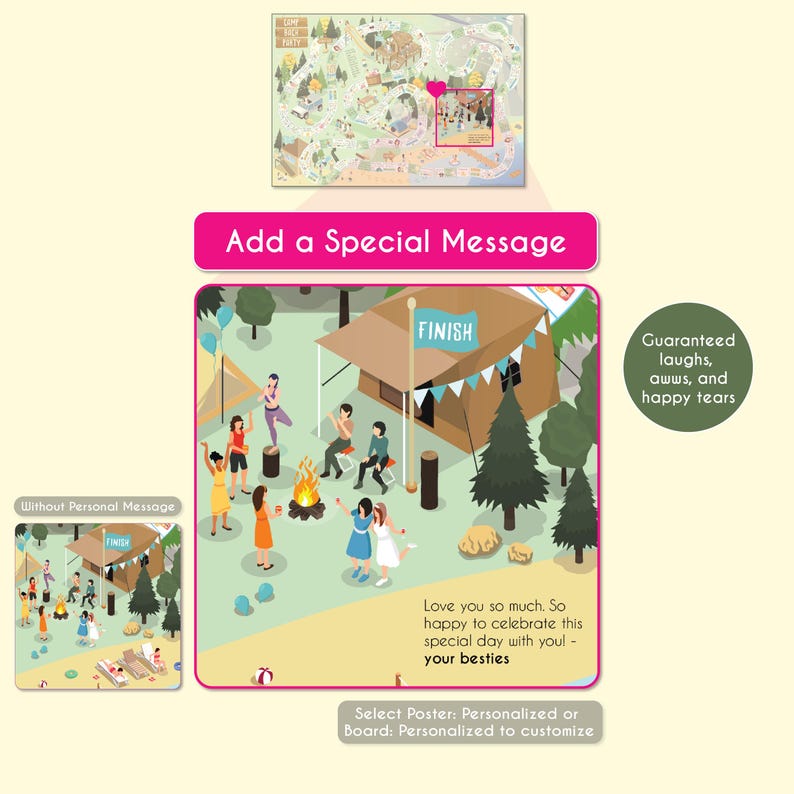 May include: An illustrated camping scene with a tent, campfire, and people. The image includes text that says "Add a Special Message" and "Guaranteed laughs, awws, and happy tears."