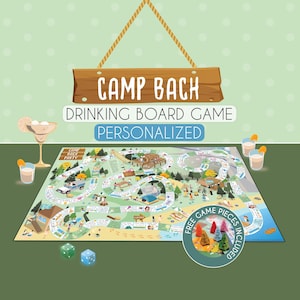 May include: A personalised "Camp Bach" drinking board game with a colourful illustrated design. The game board features a winding path with various scenes, dice, game pieces, and cocktail glasses. The sign above the board reads "Camp Bach Drinking Board Game Personalized."
