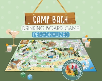 May include: A personalized "Camp Bach" drinking board game with a colorful illustrated design. The game board features a winding path with various scenes, dice, game pieces, and cocktail glasses. The sign above the board reads "Camp Bach Drinking Board Game Personalized."